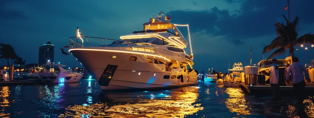 a luxurious yacht adorned with elegant decorations glimmers under the warm evening lights, surrounded by exclusive vip guests engaged in lively conversations at a lavish networking event during the palm beach boat show.