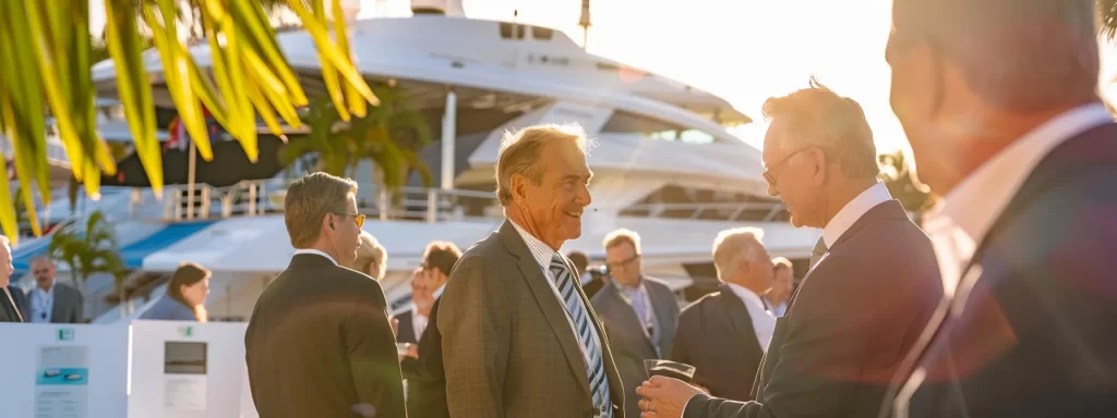 a luxurious yacht gleams in the bright sunlight at the palm beach boat show, surrounded by elegantly dressed attendees engaged in networking and lively discussions, embodying innovation and expertise in the luxury marine industry.