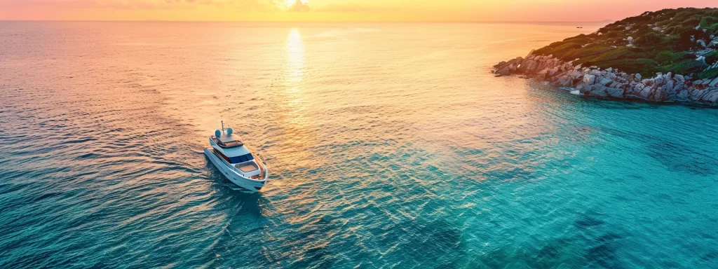 a luxurious yacht glides through crystal-clear turquoise waters, framed by a stunning sunset, symbolizing the epitome of premium charter experiences enhanced by expert management and exceptional guest services.