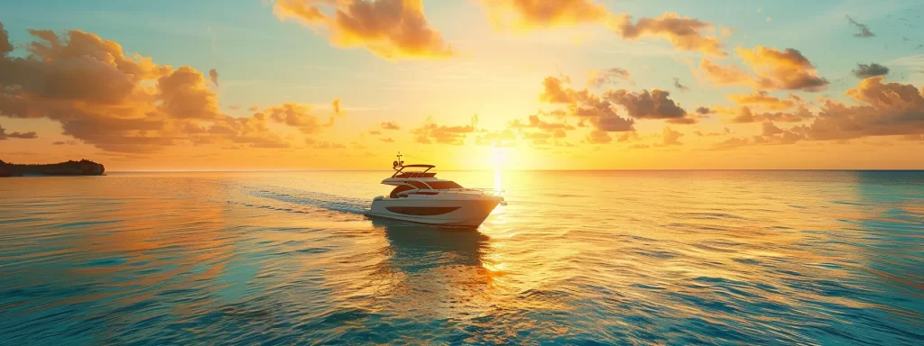 a serene luxury yacht glides through crystal-clear turquoise waters, with a well-trained crew confidently implementing safety protocols under the warm glow of a golden sunset, exemplifying professionalism and seamless management on board.