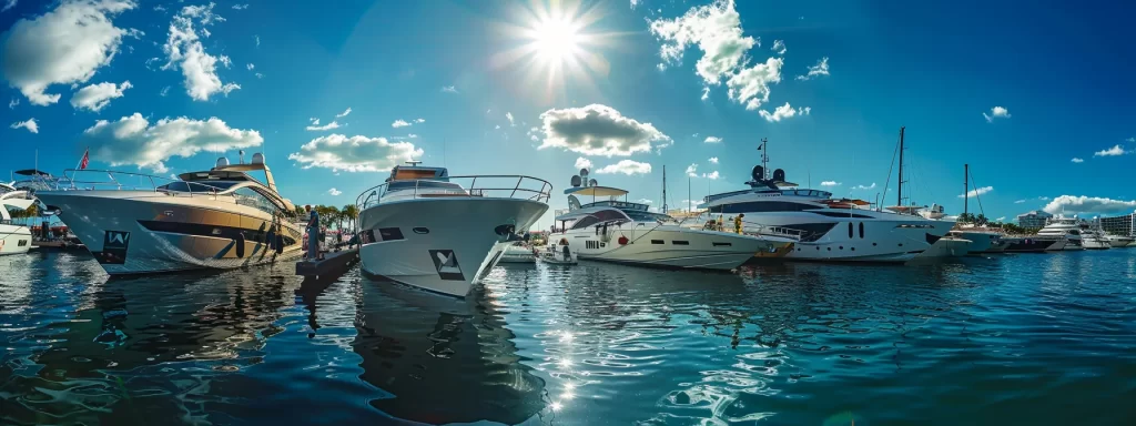 a striking scene of luxurious yachts gleaming under the bright palm beach sun, showcasing innovative designs and exclusive features, as a discerning crowd admires the craftsmanship and elegance at the prestigious boat show.