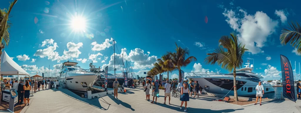 a vibrant scene capturing the excitement of luxury yachts at the palm beach boat show, with enthusiastic visitors marveling at sleek vessels under bright sunlight, embodying the joy and elegance of nautical experiences.