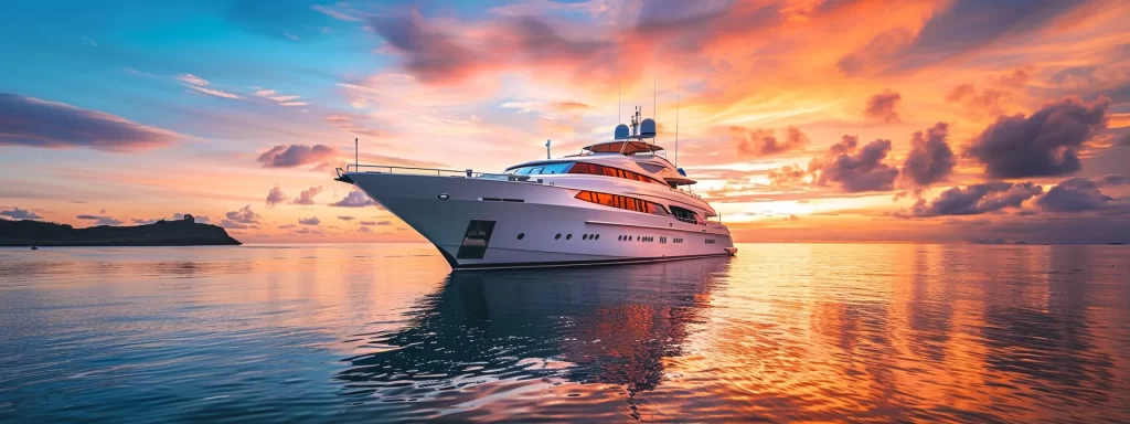 a luxurious yacht glides serenely through crystal-clear waters at sunset, reflecting the vibrant sky, symbolizing streamlined financial management and the elegance of efficient yacht ownership.