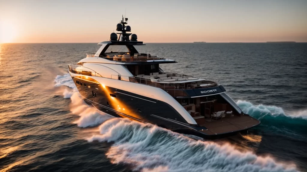 a luxurious yacht glides through crystal-clear waters under a vibrant sunset, symbolizing the seamless communication and strong partnership between owners and managers in professional yacht management.