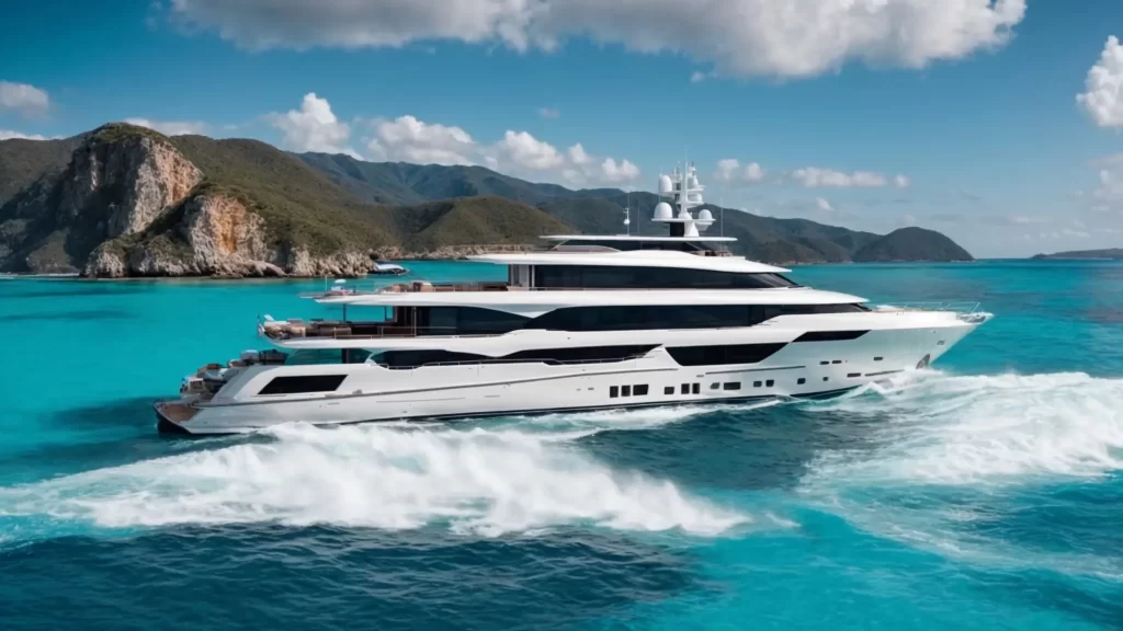 a sleek, pristine yacht glides gracefully through crystal-clear turquoise waters under a brilliant sun, symbolizing the elegance and efficiency of expert yacht management solutions.