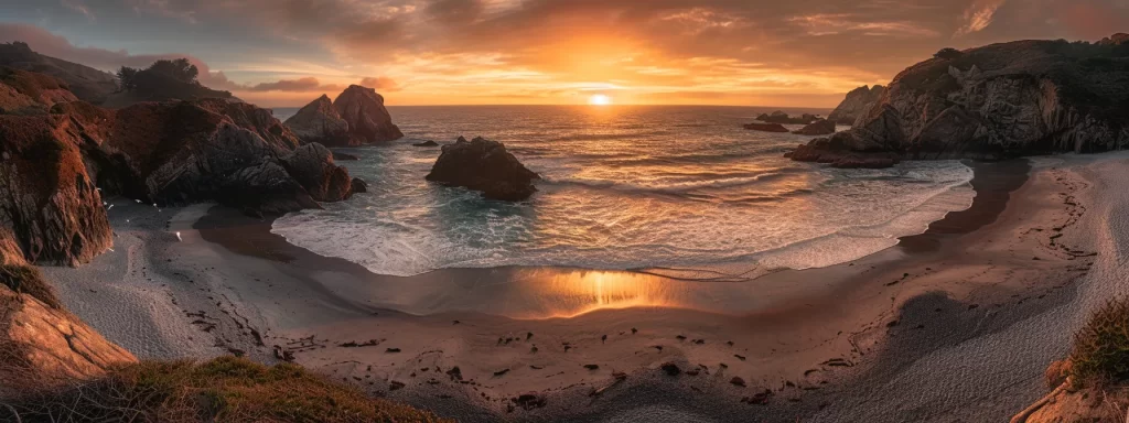 a breathtaking, golden sunset casts a warm glow over tranquil waves lapping against a secluded beach, creating a serene and inviting atmosphere.