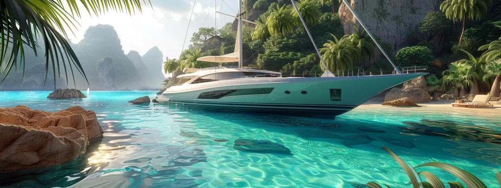 a luxurious eco-friendly yacht glides through crystal-clear turquoise waters, surrounded by vibrant marine life and untouched coastal landscapes, embodying the future of sustainable yachting.