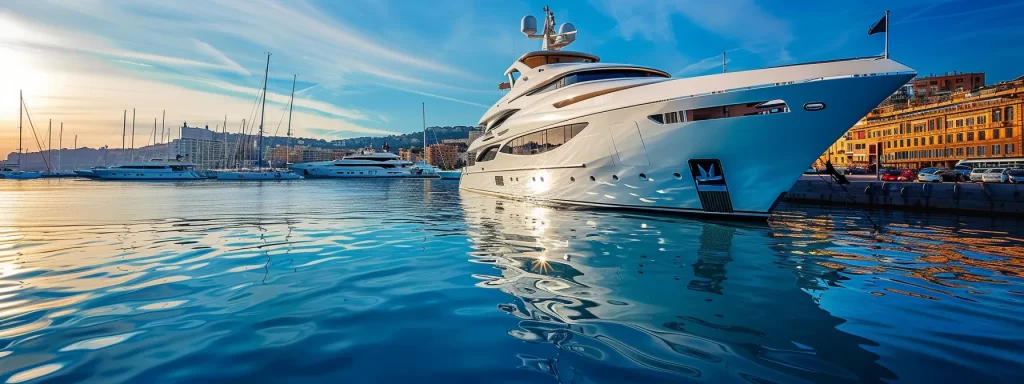 a luxurious yacht anchored in sunlit azure waters, showcasing elegant lines and gleaming polished surfaces, surrounded by the breathtaking backdrop of a vibrant coastal marina, inviting prospective buyers to envision their dream nautical adventure.