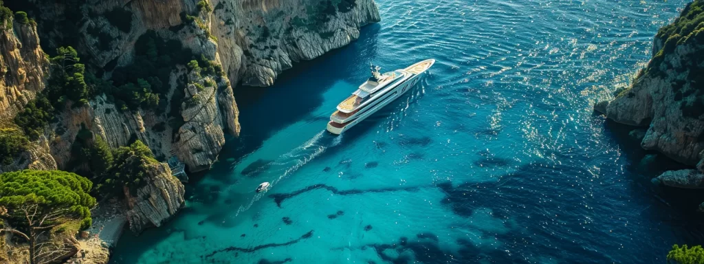 a luxurious yacht glides gracefully through the crystalline azure waters of the mediterranean, framed by the sunlit cliffs of the amalfi coast and dotted with vibrant islands, capturing the essence of coastal elegance and adventure.