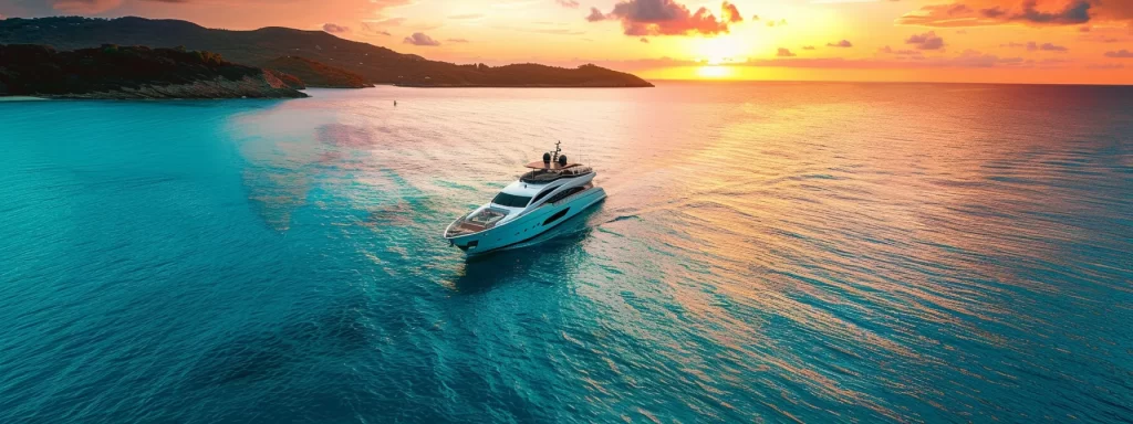 a luxurious yacht glides through crystalline turquoise waters under a radiant sunset, showcasing the ultimate blend of adventure and relaxation on a dream charter journey.