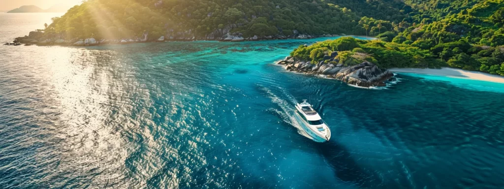 a luxurious yacht glides through crystal-clear turquoise waters under a radiant sun, surrounded by lush green islands, where industry experts passionately engage with an eager audience in a vibrant setting.