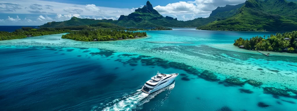 a luxurious yacht glides through the crystal-clear turquoise waters of bora bora, framed by lush green islands and vibrant tropical skies, encapsulating the breathtaking beauty of the south pacific.