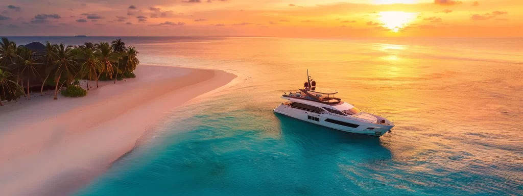 a luxurious yacht glides through the crystal-clear turquoise waters of the maldives at sunset, casting a radiant glow against the backdrop of pristine white sandy beaches and lush palm trees, encapsulating the ultimate maritime escape in asia.