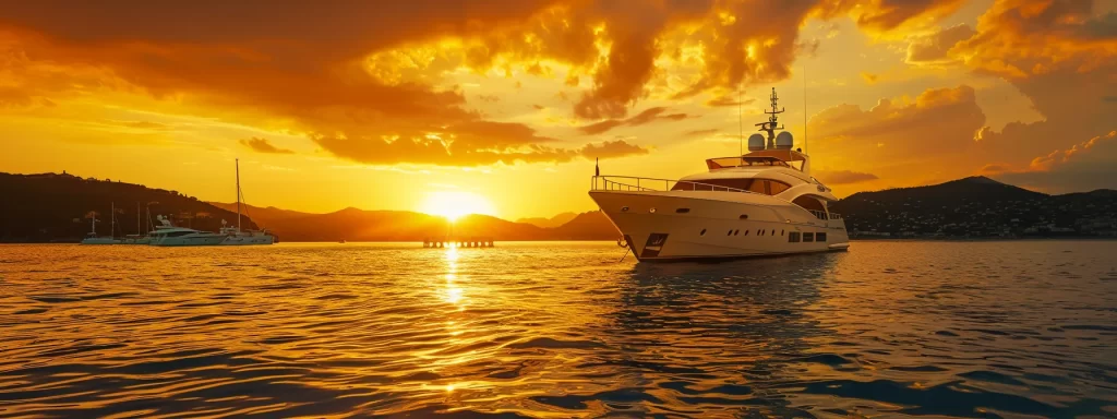 a luxurious yacht glistens under the golden sunset, anchored gracefully in a crystal-clear harbor, symbolizing the ultimate escape for discerning attendees of the premier boat show.