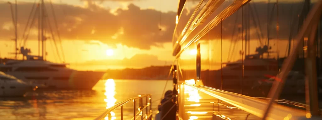 a luxurious yacht glistens under the golden sunset at the premier boat show, showcasing its sleek design and opulent amenities against the tranquil marina backdrop.