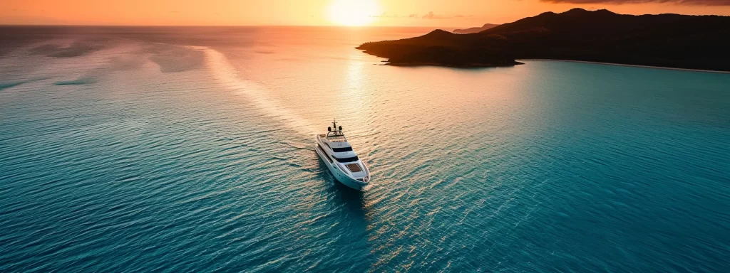 a luxurious yacht gracefully glides through the turquoise waters of the great barrier reef, framed by the dramatic coastlines of the whitsunday islands under a radiant sunset, capturing the essence of an exclusive maritime adventure.