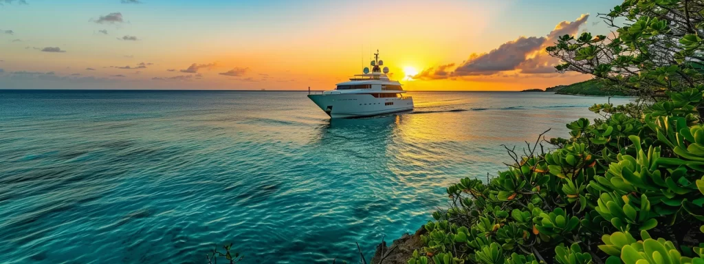 a stunning caribbean yacht glides over crystal-clear turquoise waters, framed by the lush greenery of st. martin's coastline and the vibrant hues of sunset illuminating the horizon.