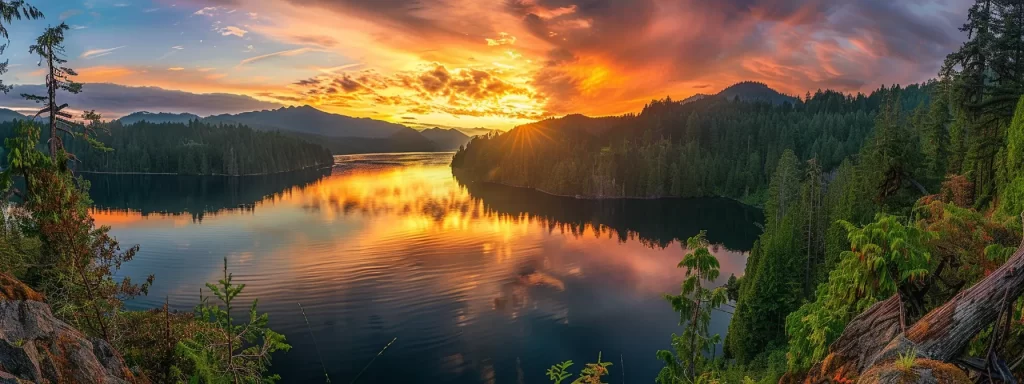 a vibrant sunset casts a warm, golden glow over a tranquil lake, with lush, green forests framing the serene water's surface, reflecting the vivid colors of the sky.