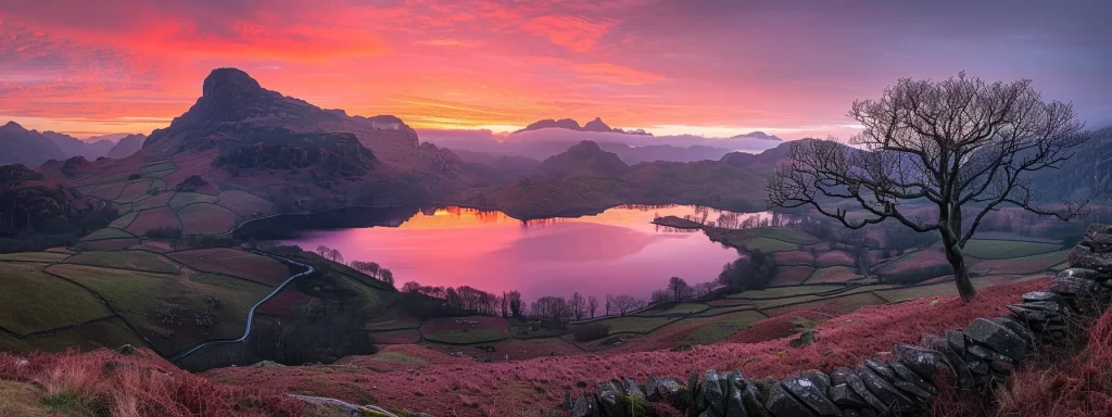 a serene landscape unfolds at dawn, where a tranquil lake reflects the vibrant hues of a fiery sunrise, surrounded by majestic mountains cloaked in mist.