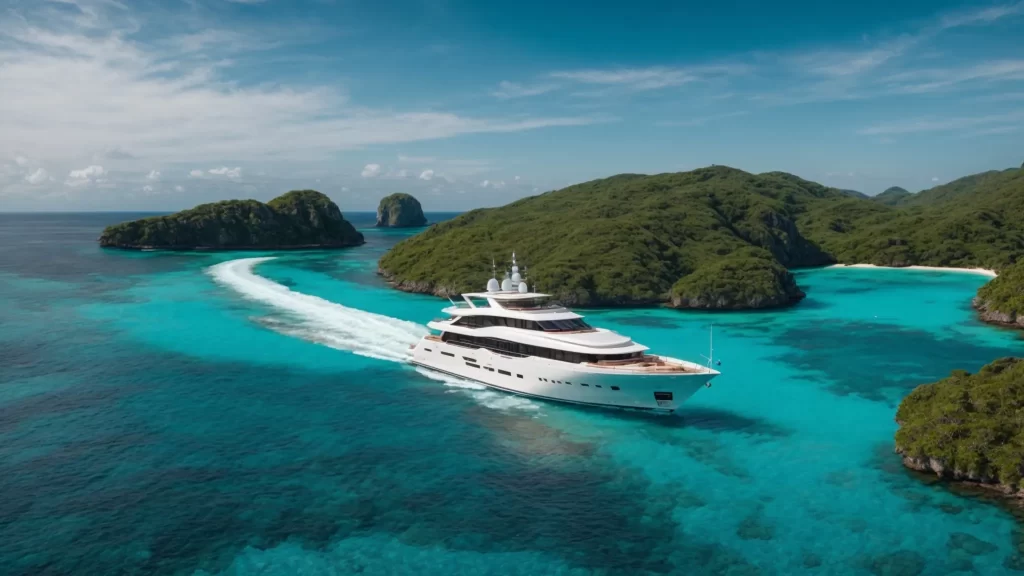 a sun-drenched yacht glides effortlessly through crystal-clear turquoise waters, surrounded by lush green islands under a brilliant blue sky, encapsulating the allure of the perfect charter destination.