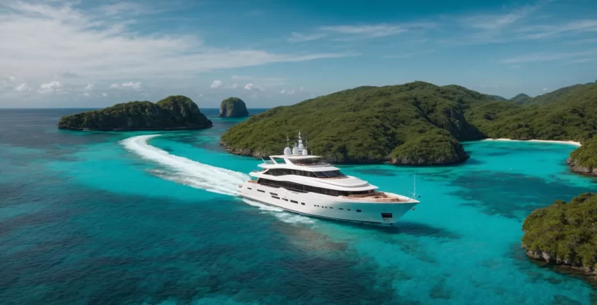 a sun-drenched yacht glides effortlessly through crystal-clear turquoise waters, surrounded by lush green islands under a brilliant blue sky, encapsulating the allure of the perfect charter destination.